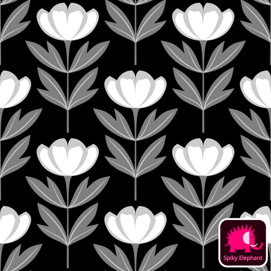 Perfect Peonies wallpaper and fabric - White and Grey Peonies on Black