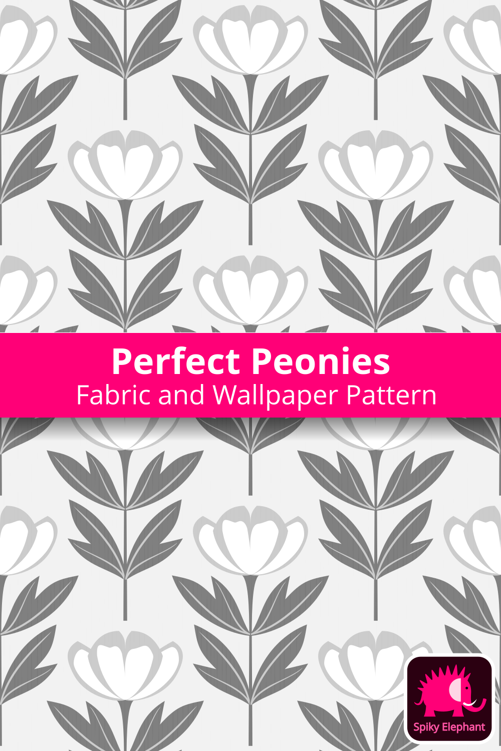 Perfect Peonies - White and Grey Peonies on Light Grey wallpaper and fabric - White and Grey Peonies on Light Grey