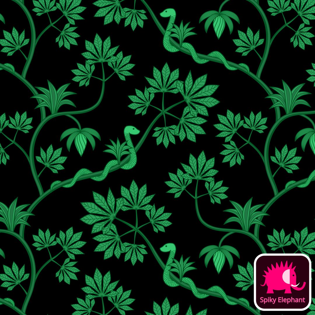 Rainforest snake - Green and black wallpaper and fabric - Green and black