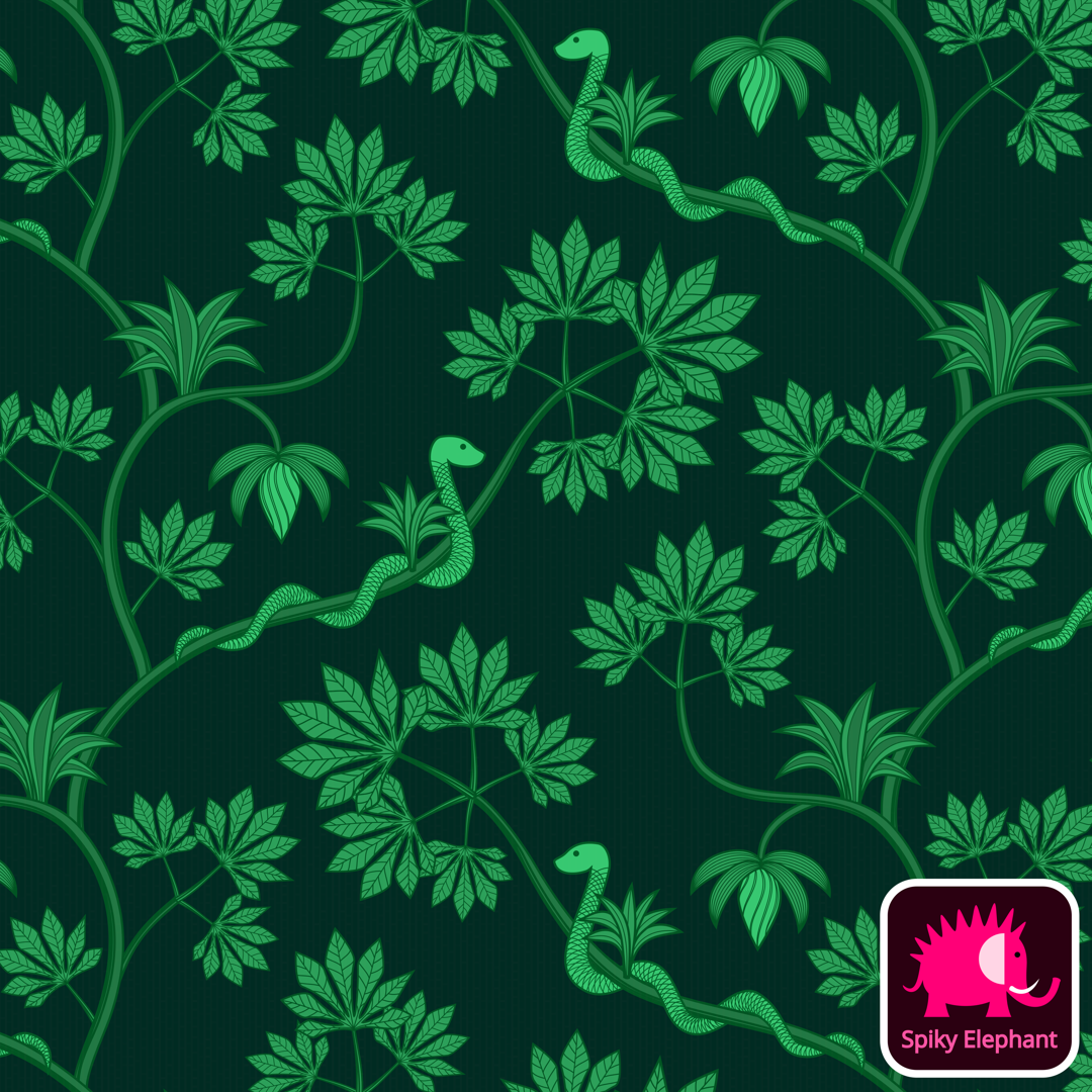 Rainforest snake - Green and dark green wallpaper and fabric - Green and dark green