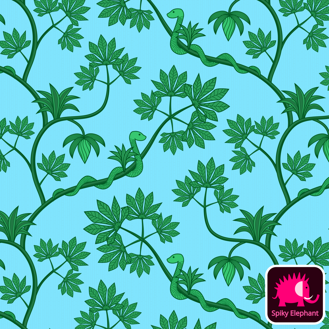 Rainforest snake - Green and light blue wallpaper and fabric - Green and light blue