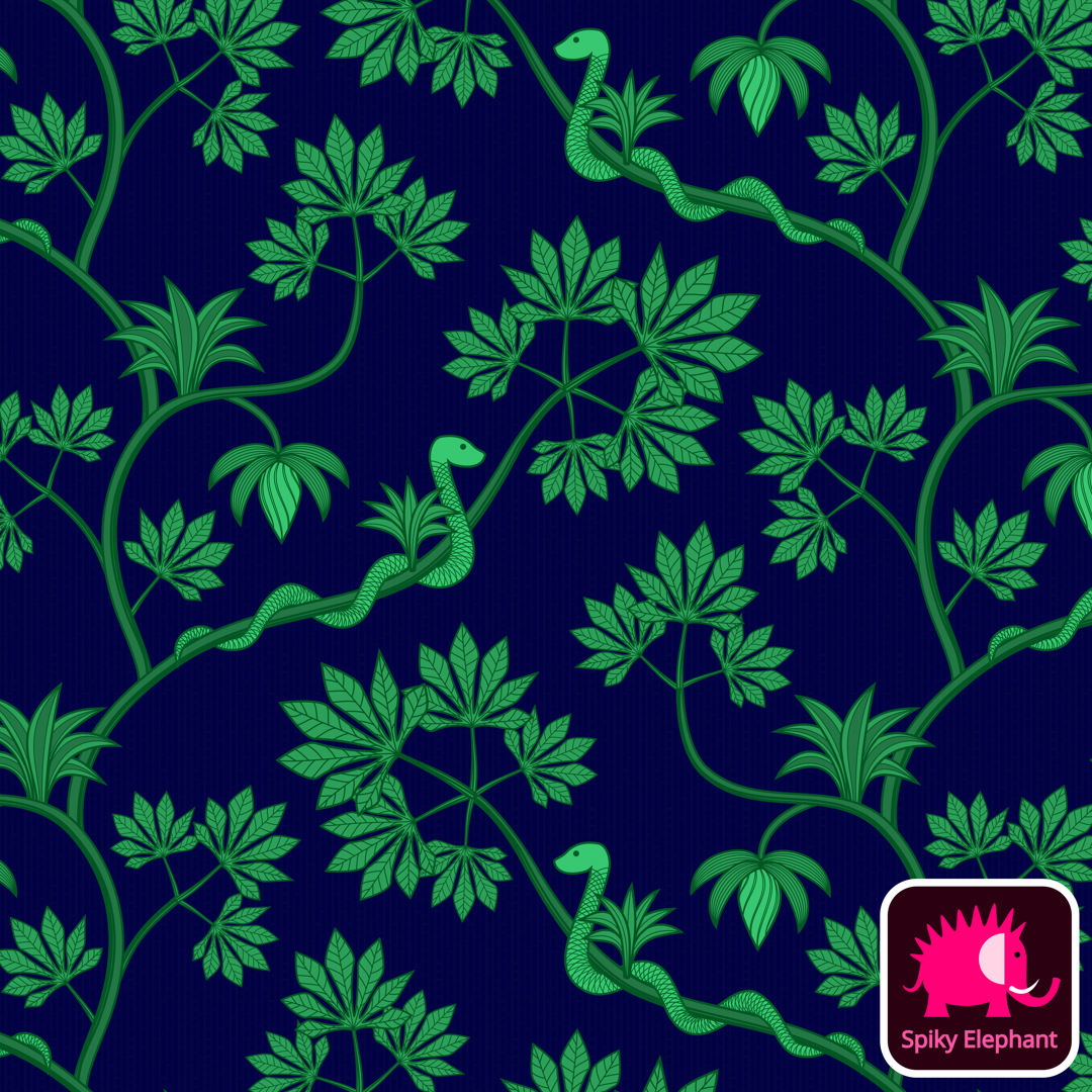 Rainforest snake - Green and navy blue wallpaper and fabric - Green and navy blue