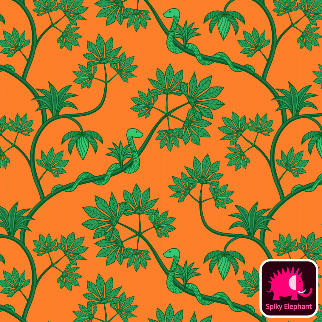 Rainforest snake - Green and orange wallpaper and fabric - Green and orange