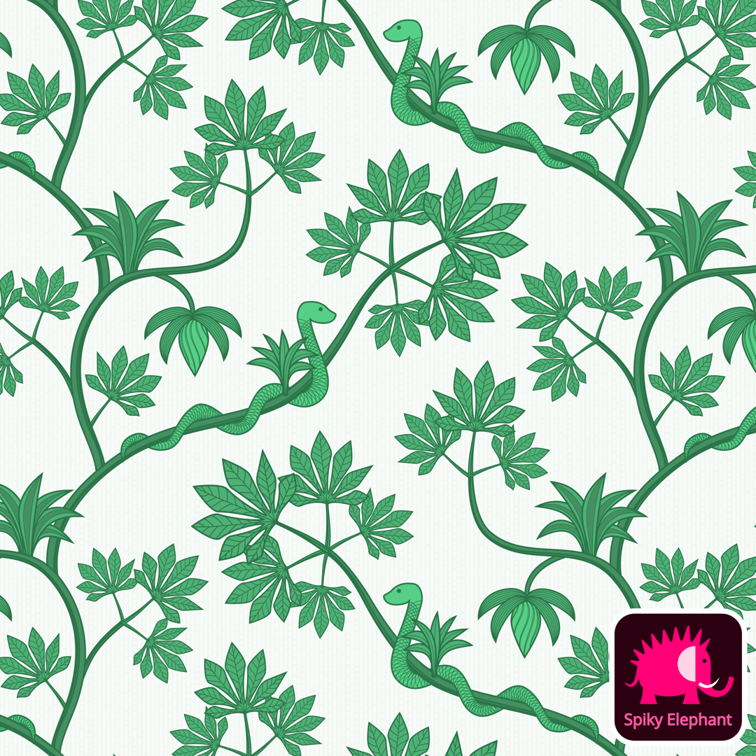 Rainforest snake - Green and white wallpaper and fabric - Green and white