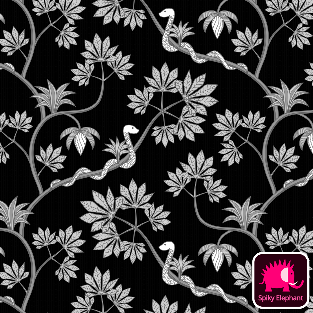 Rainforest snake - White on black wallpaper and fabric - White on black