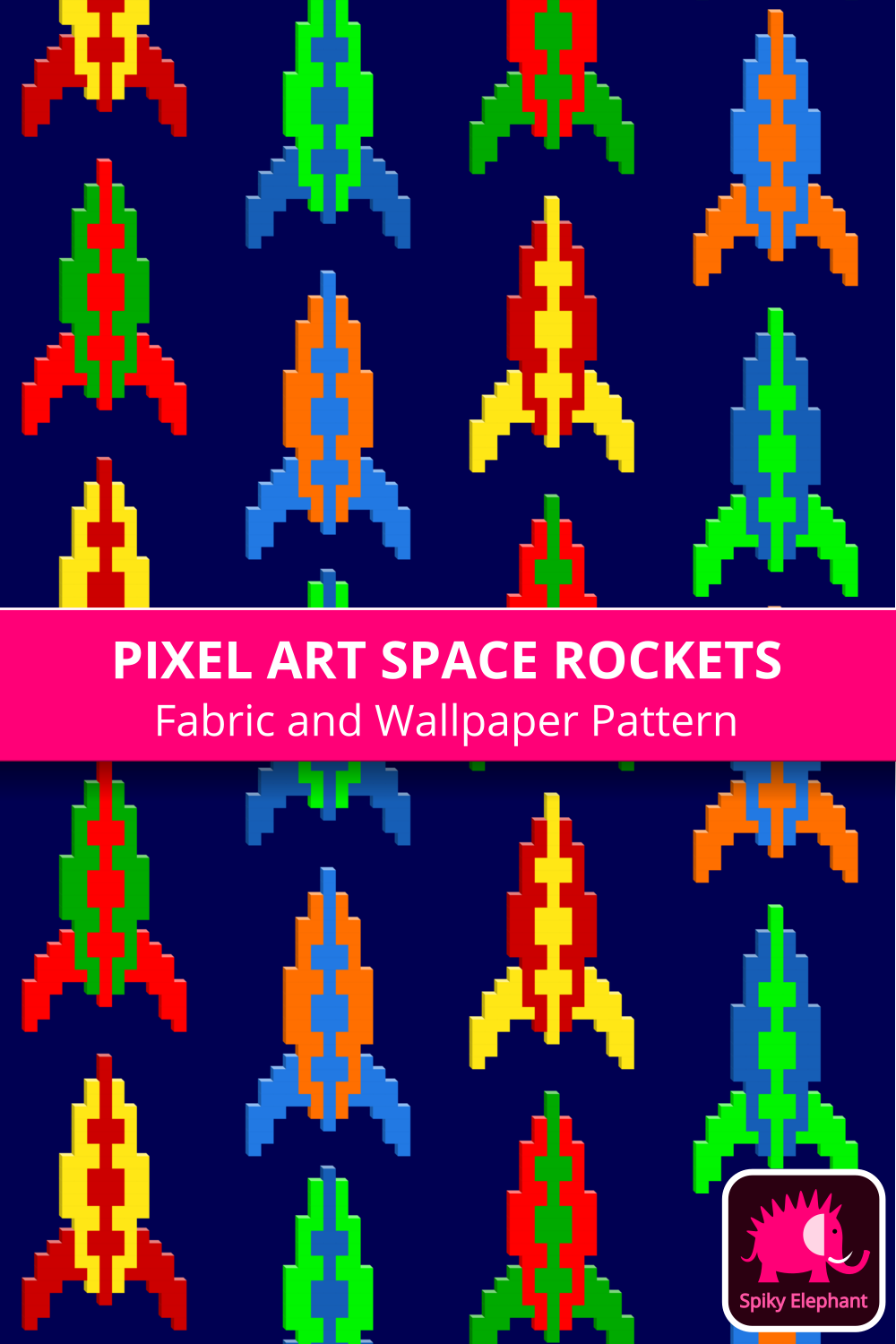 Retro Block Pixels Space Rockets wallpaper and fabric - Retro Rockets on Navy Blue