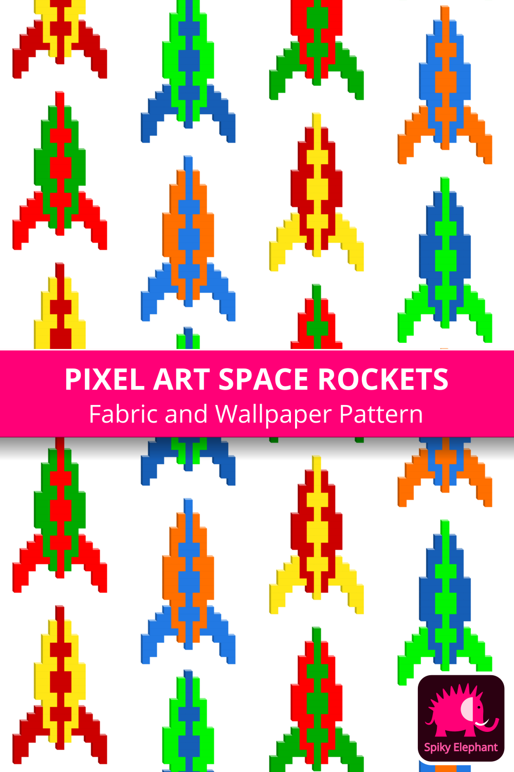 Retro Block Pixels Space Rockets - Retro Rockets on White wallpaper and fabric - Retro Rockets on White