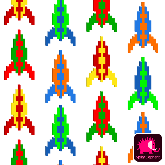 Retro Block Pixels Space Rockets wallpaper and fabric - Retro Rockets on White