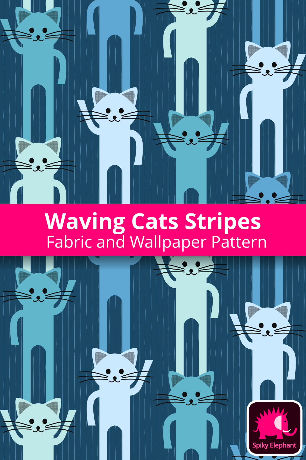 Waving cats vertical stripes wallpaper and fabric - Blue cats, indigo dye background