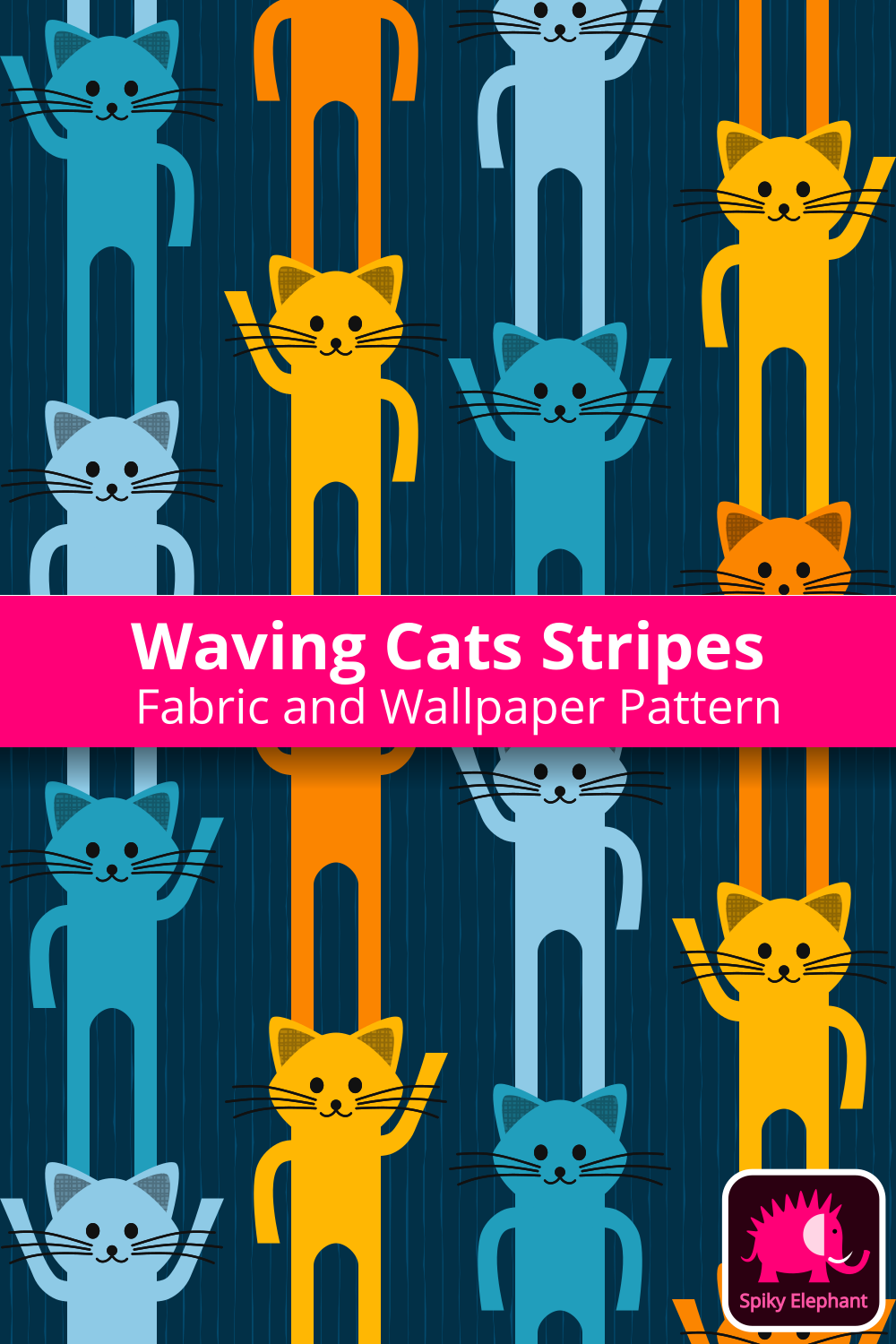 Waving cats vertical stripes - Blue, indigo, orange and yellow cats, navy blue background wallpaper and fabric - Blue, indigo, orange and yellow cats, navy blue background