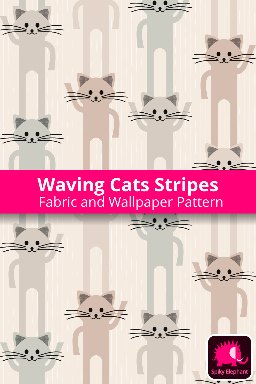Waving cats vertical stripes - Brown, beige, grey and tan cats, cream background wallpaper and fabric - Brown, beige, grey and tan cats, cream background