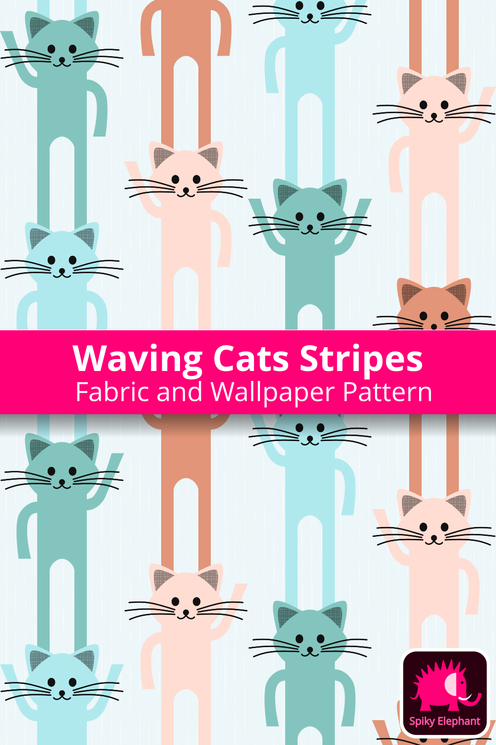 Waving cats vertical stripes - Light blue, teal, brown and soft pink cat, cream background wallpaper and fabric - Light blue, teal, brown and soft pink cat, cream background