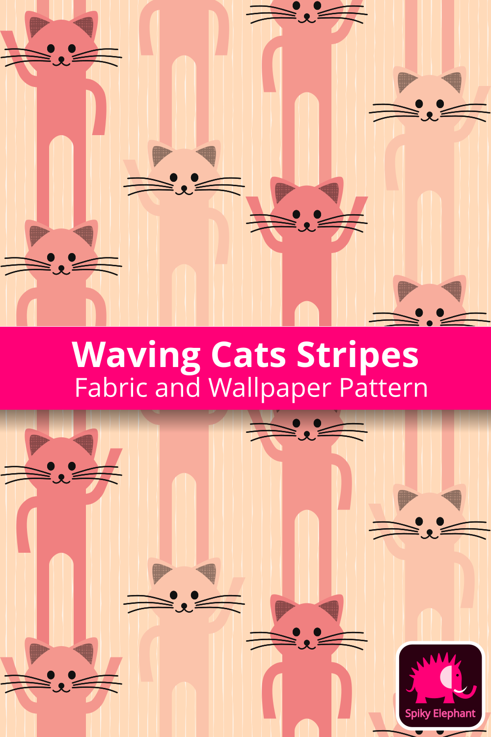 Waving cats vertical stripes - Peach red and melon orange cats, cream background wallpaper and fabric - Peach red and melon orange cats, cream background