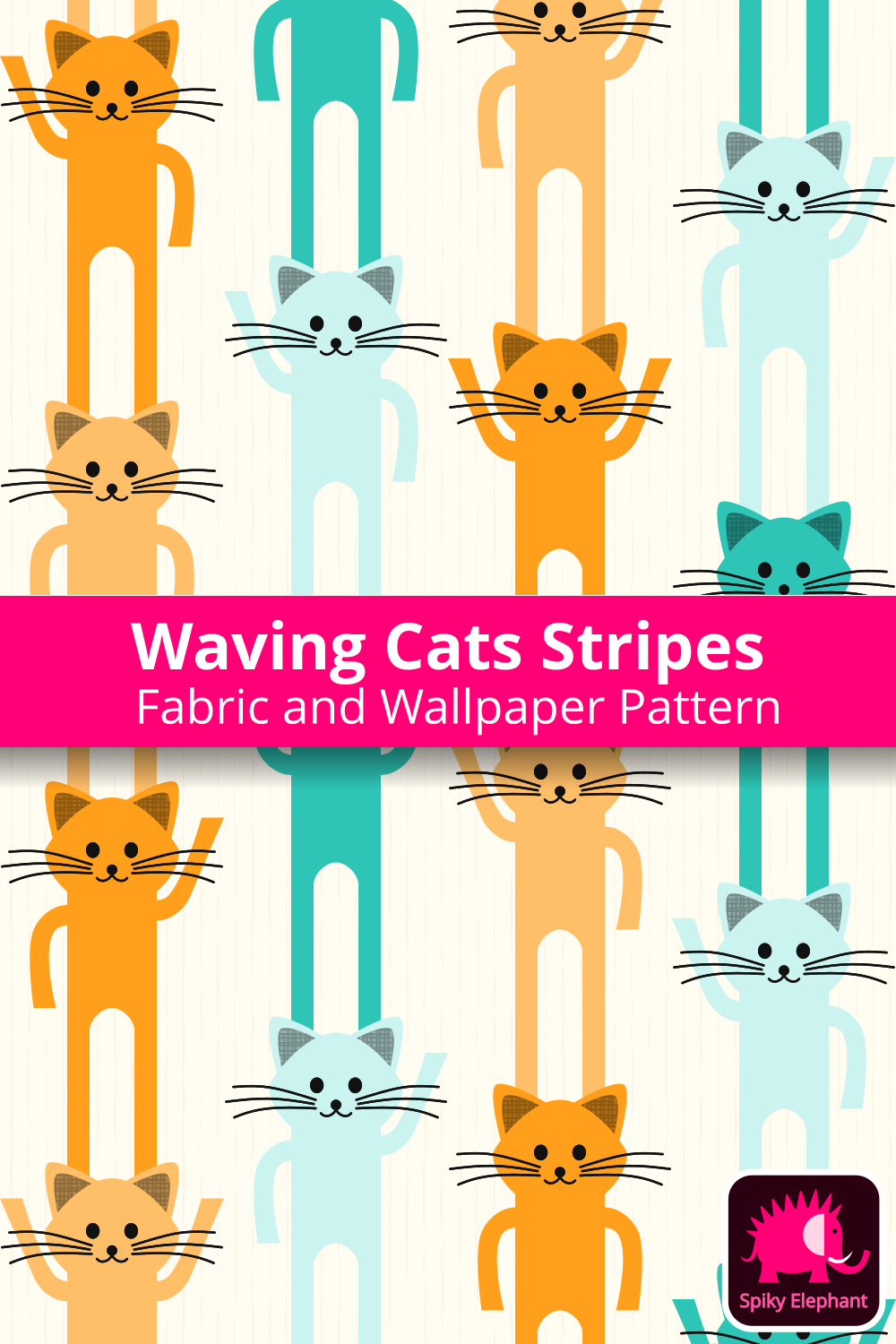 Waving cats vertical stripes - Turquoise, aqua blue and orange cats, cream background wallpaper and fabric - Turquoise, aqua blue and orange cats, cream background
